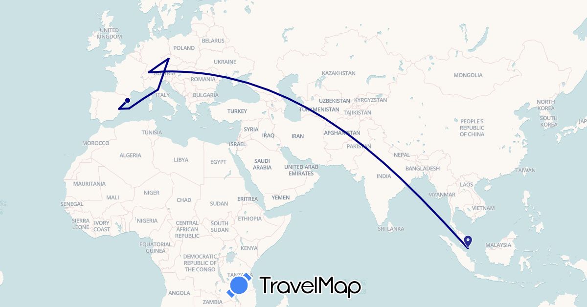 TravelMap itinerary: driving in Switzerland, Czech Republic, Spain, Italy, Singapore (Asia, Europe)
